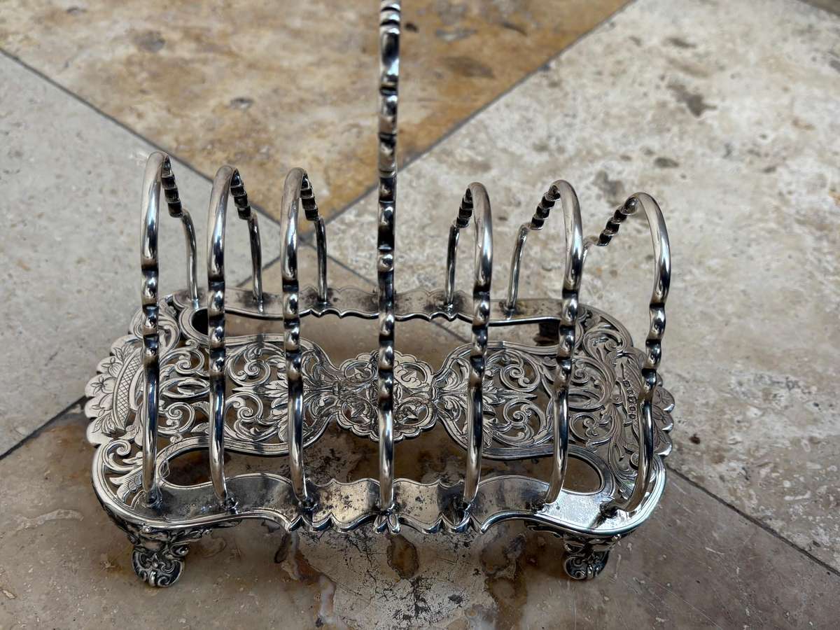 Antique silver plate footed toast rack ornate numbered and hallmarked
