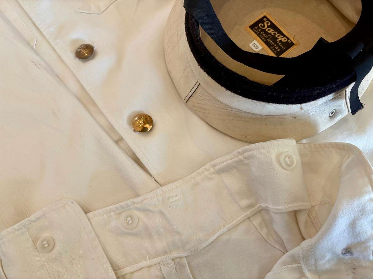 Vintage original SA Navy white uniform with buttons 1972 , navy prop hat