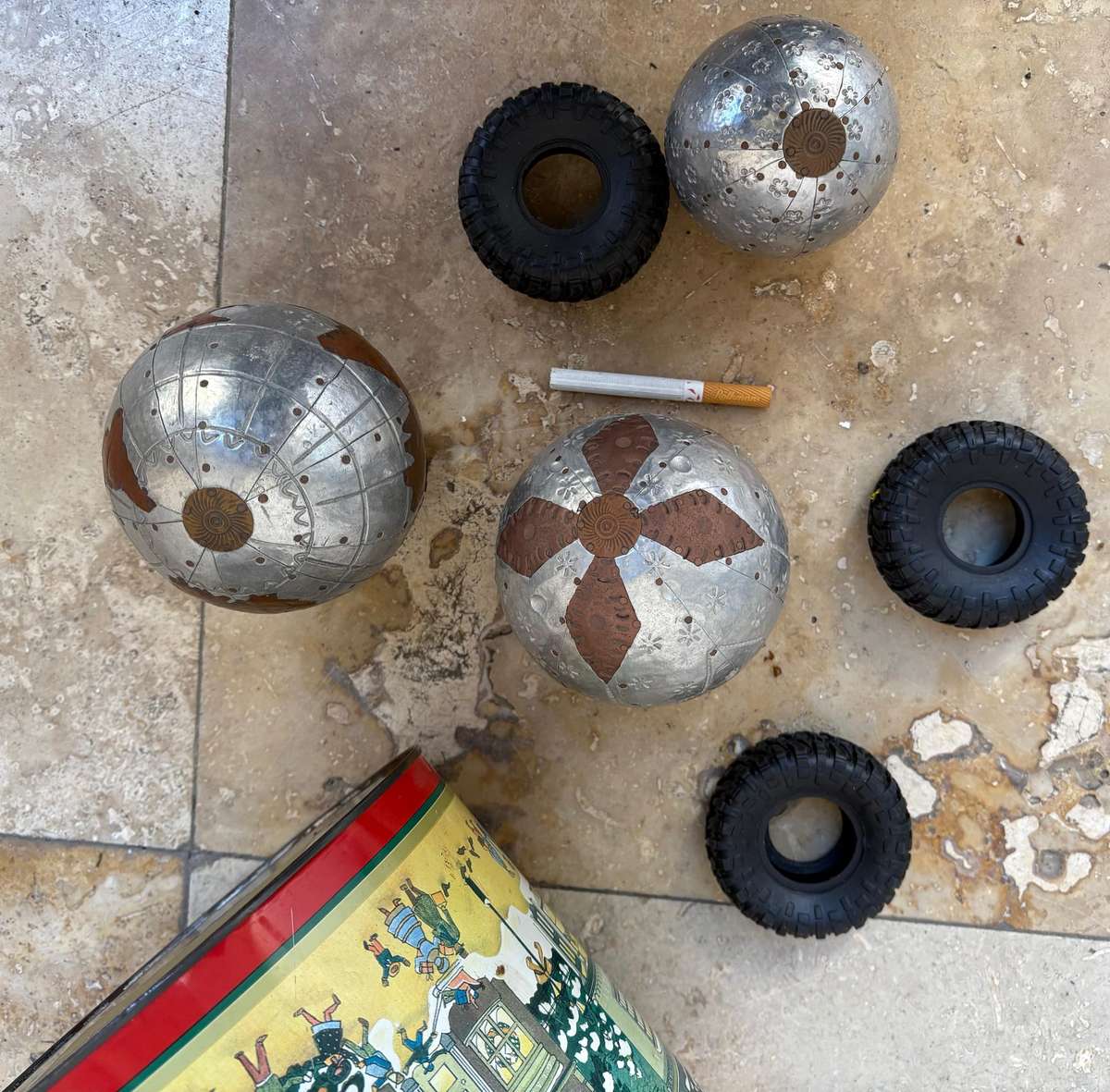 3 decorative ball orb spheres hammered metallic copper detail