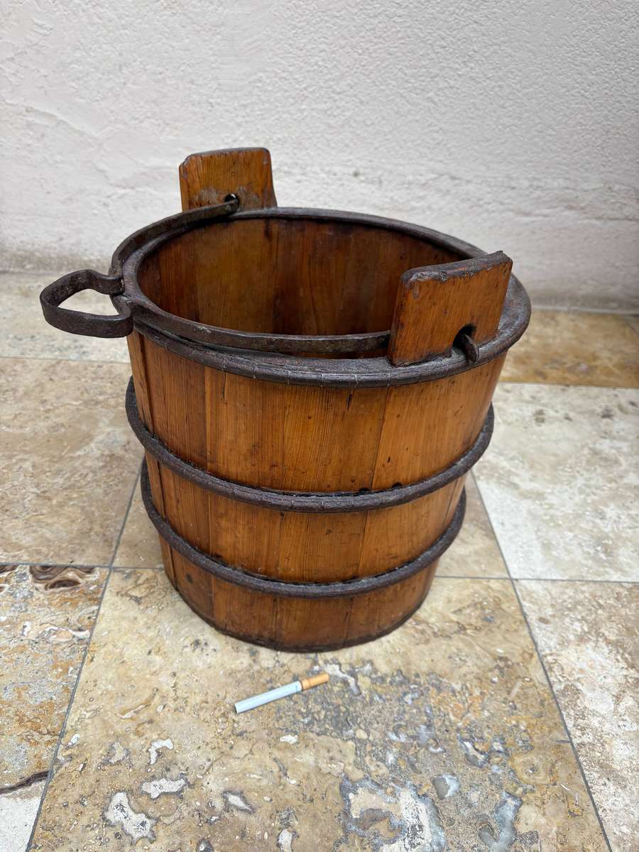 Antique Large Wood Well Bucket Hand Forged Metal Handle Water Pail RARE