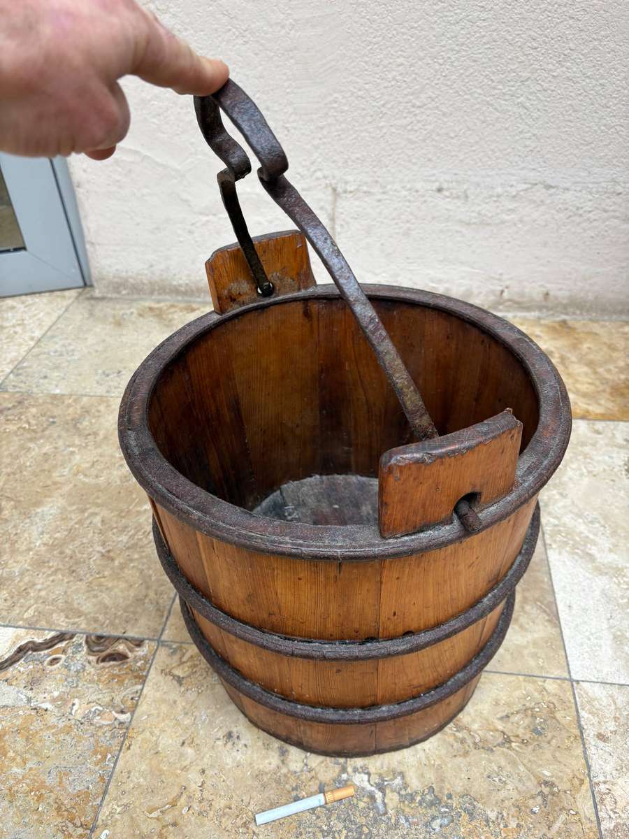 Antique Large Wood Well Bucket Hand Forged Metal Handle Water Pail RARE