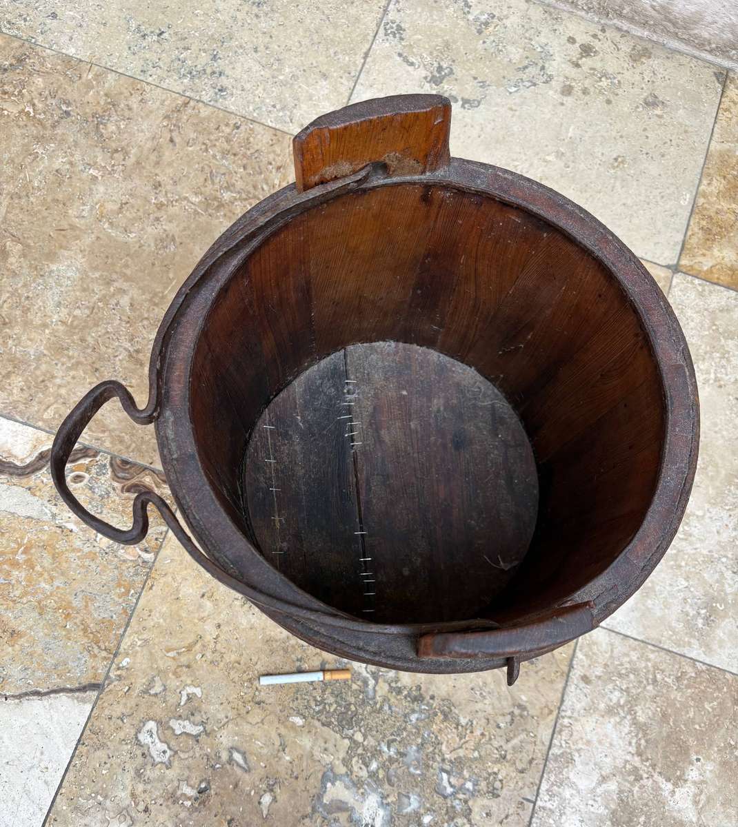 Antique Large Wood Well Bucket Hand Forged Metal Handle Water Pail RARE