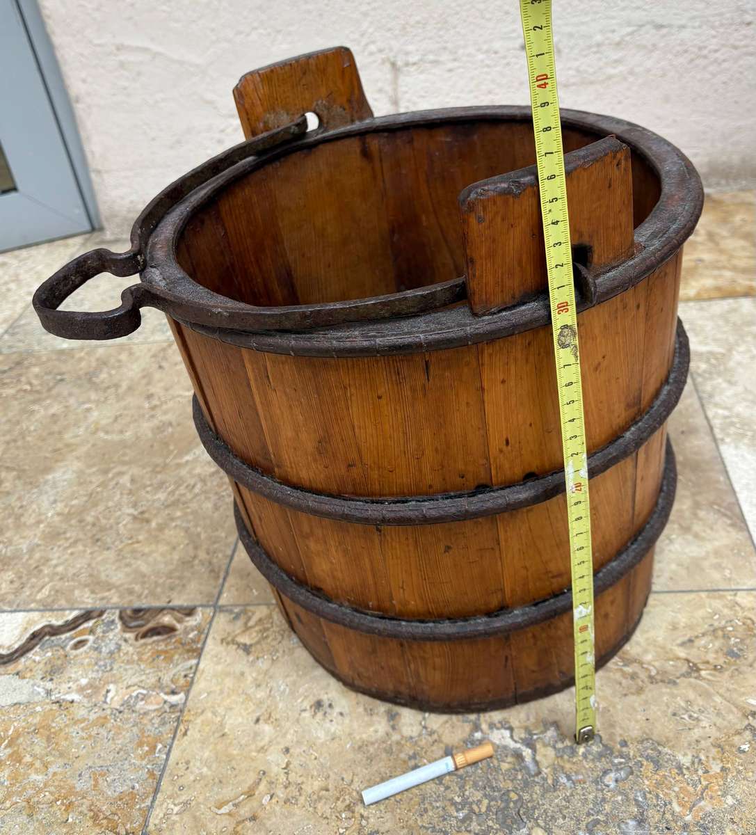 Antique Large Wood Well Bucket Hand Forged Metal Handle Water Pail RARE