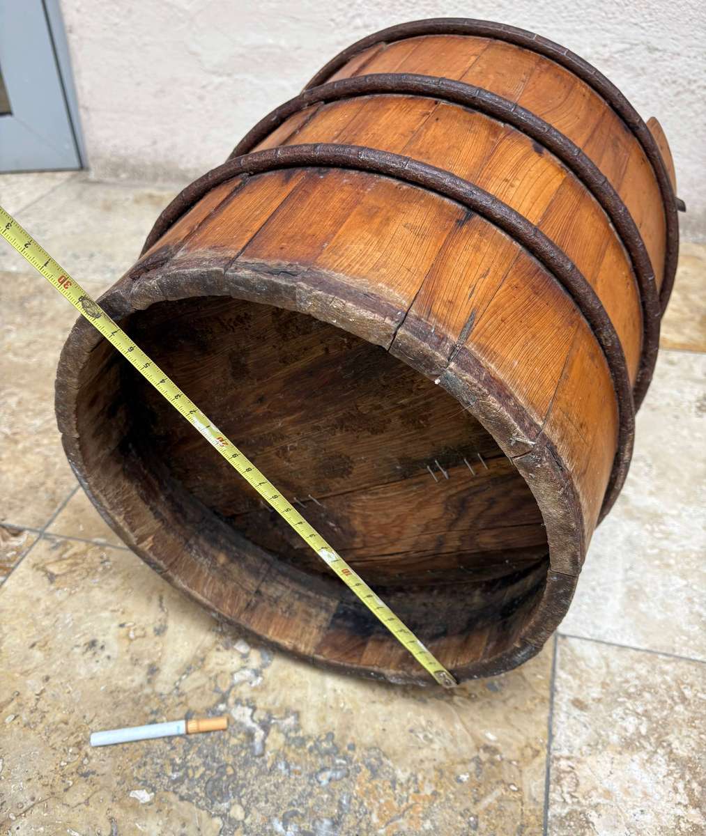 Antique Large Wood Well Bucket Hand Forged Metal Handle Water Pail RARE