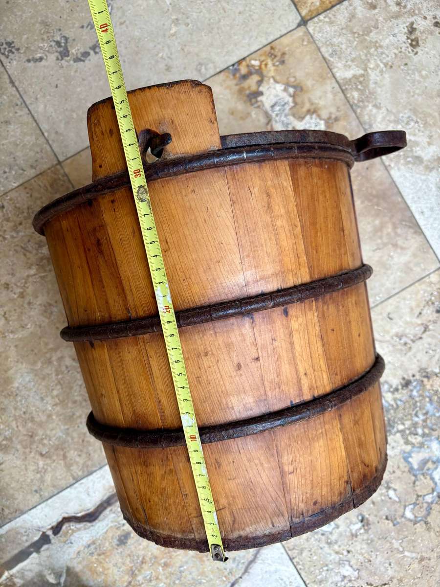 Antique Large Wood Well Bucket Hand Forged Metal Handle Water Pail RARE