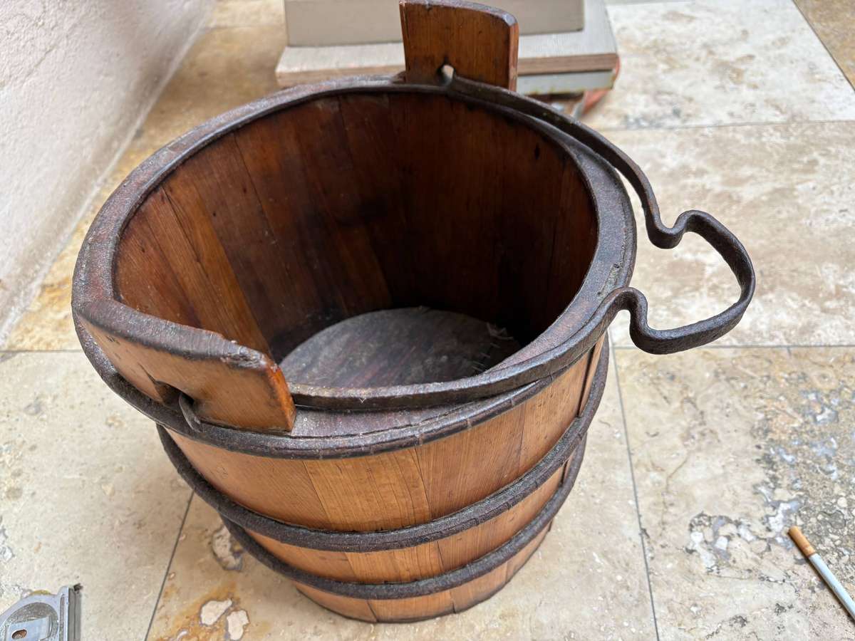 Antique Large Wood Well Bucket Hand Forged Metal Handle Water Pail RARE