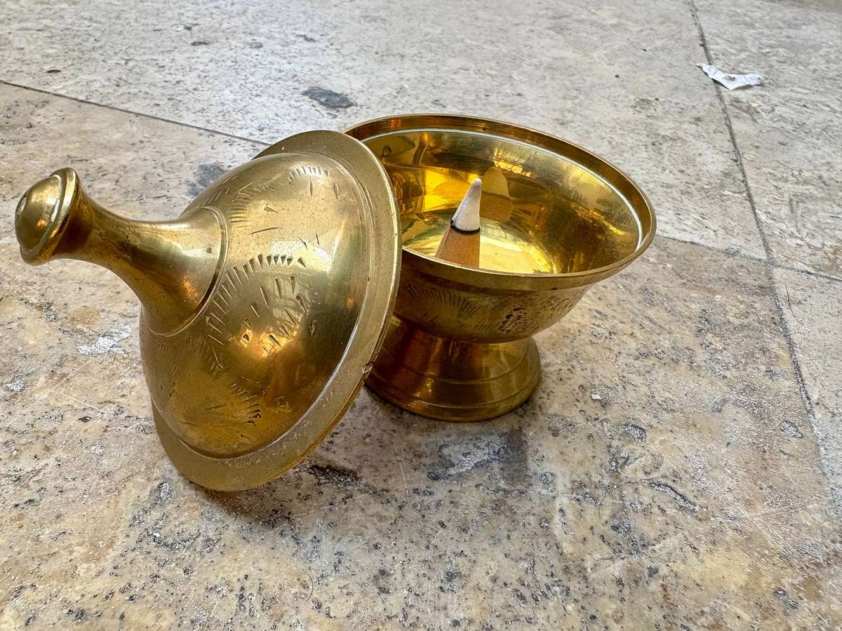 Vintage brass incense burner pot base and lid India