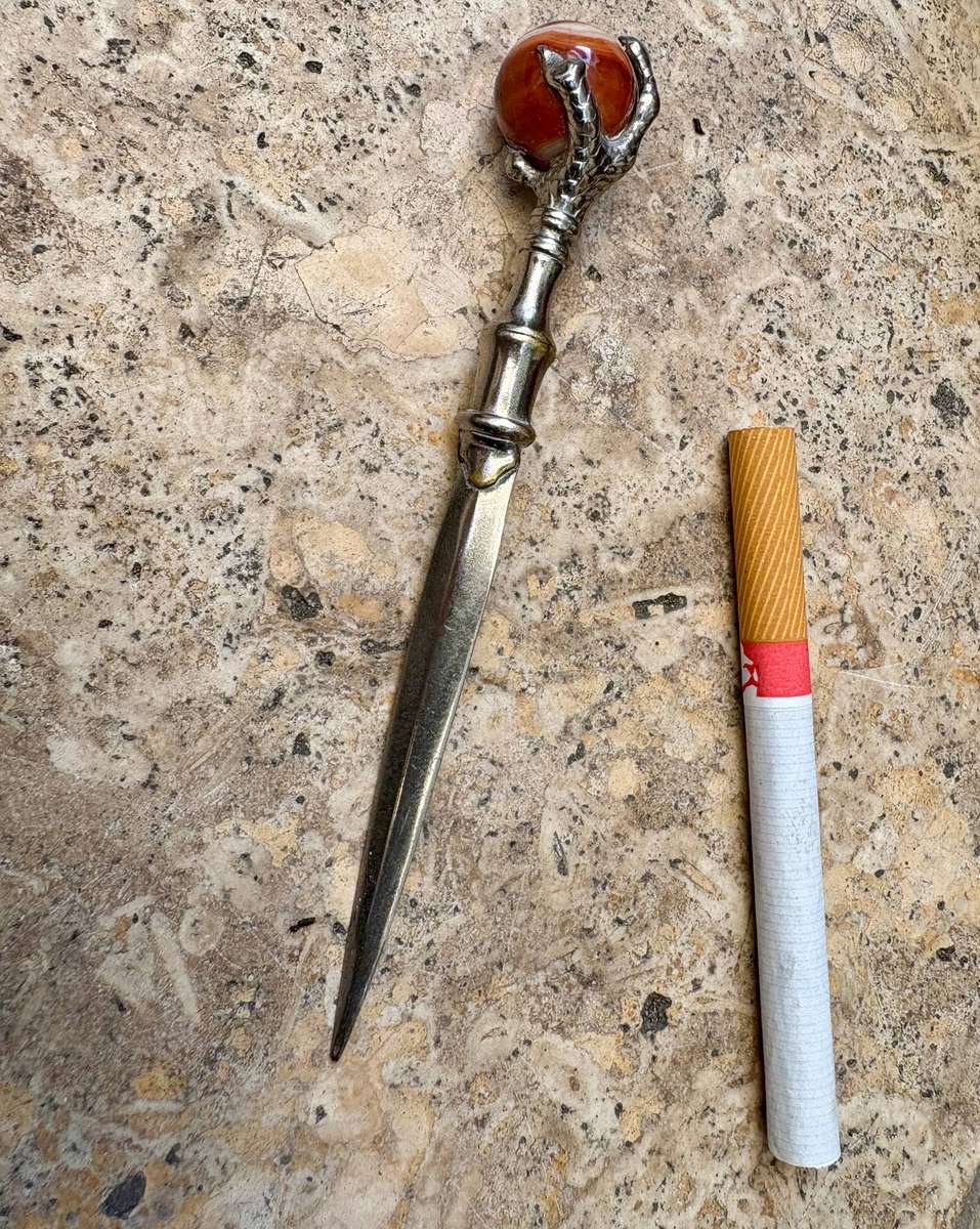 Vintage  LETTER OPENER with eagle claw and agate ball in old wood trinket box