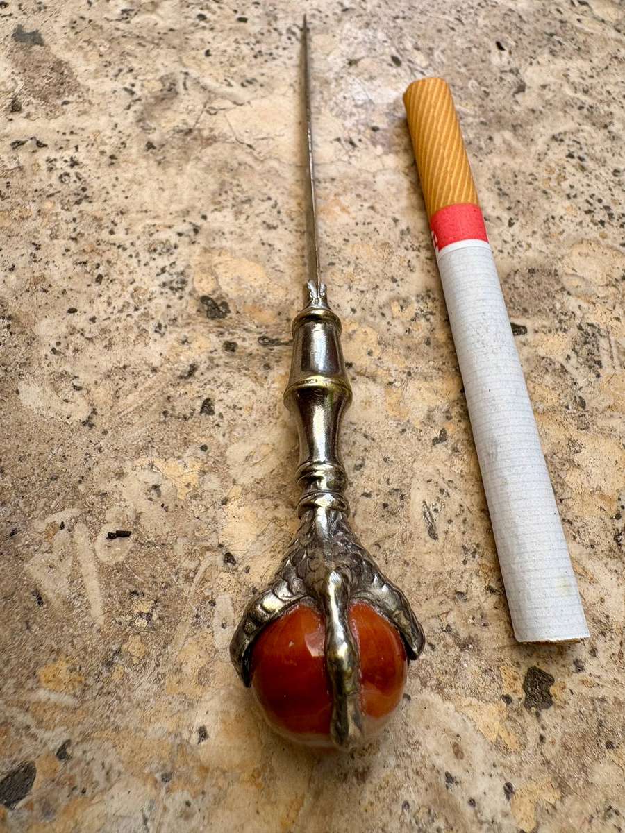 Vintage  LETTER OPENER with eagle claw and agate ball in old wood trinket box