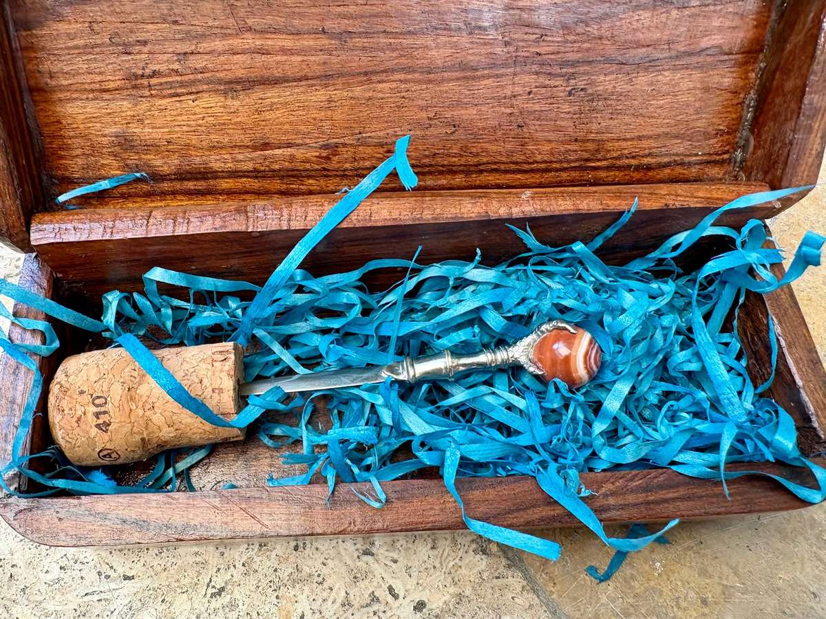 Vintage  LETTER OPENER with eagle claw and agate ball in old wood trinket box