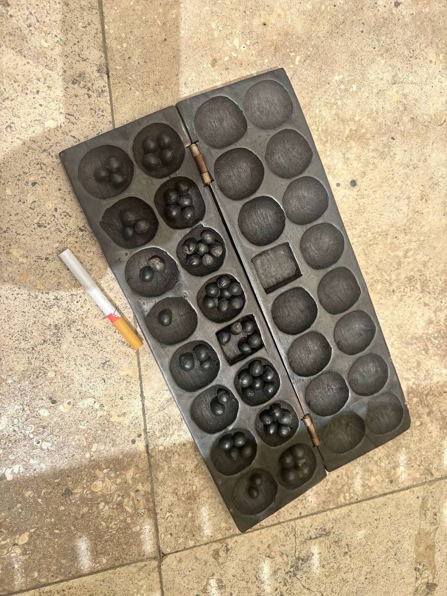 Vintage hand carved wood Mancala Bao African game board Giraffe detail