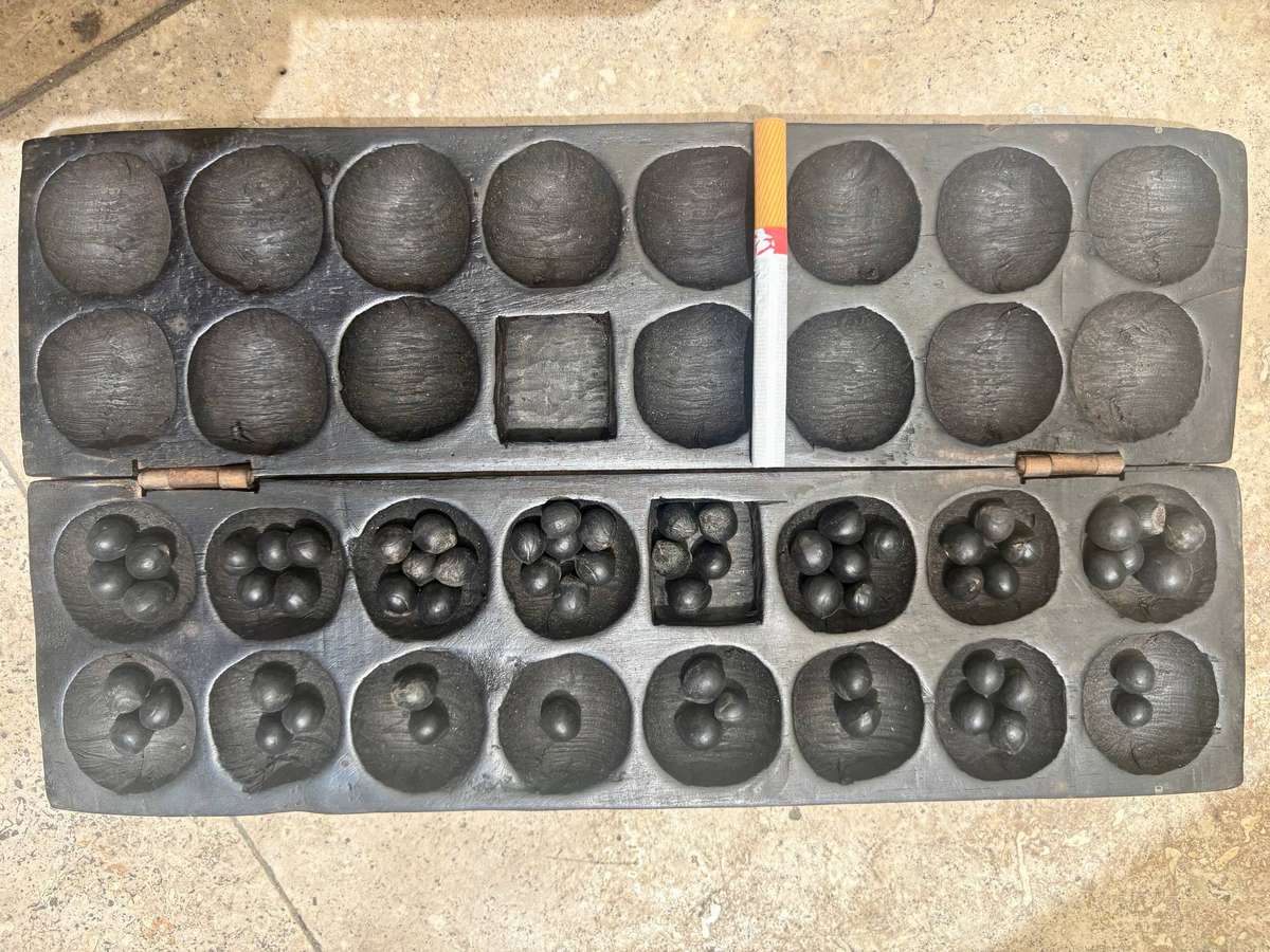 Vintage hand carved wood Mancala Bao African game board Giraffe detail