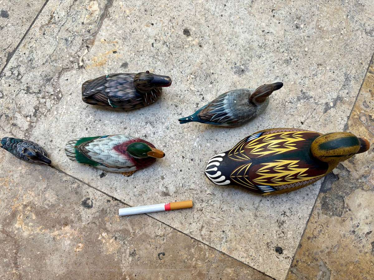 Vintage wooden duck with 4 ducklings decoy