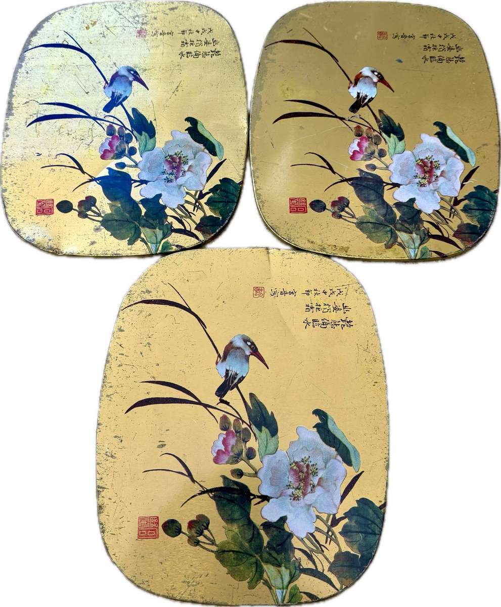 Vintage Asian birds cork trivet hot pads set of 3