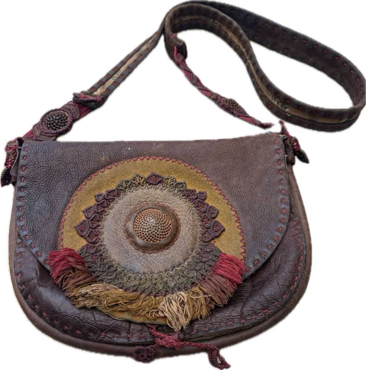 Vintage leather cross body tooled bag hippy chic handcrafted