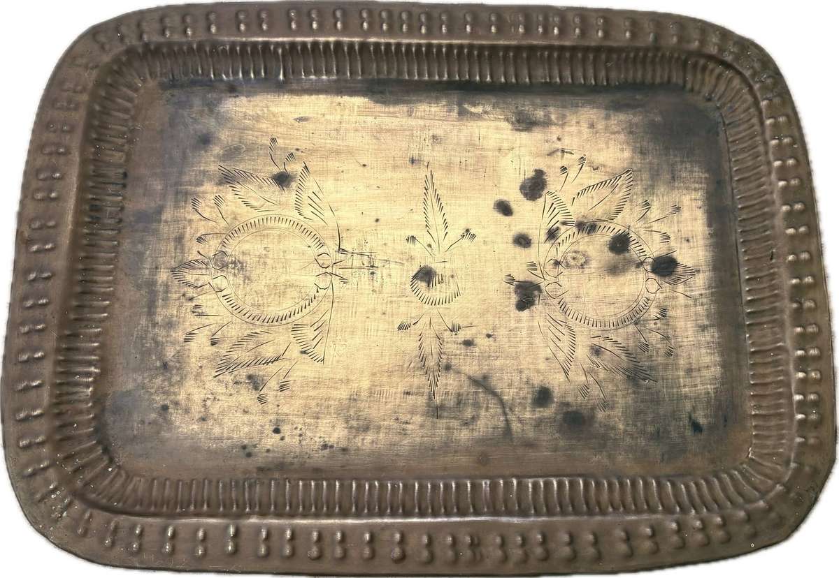 Vintage Brass serving tray floral etching 27cm x 37 cm