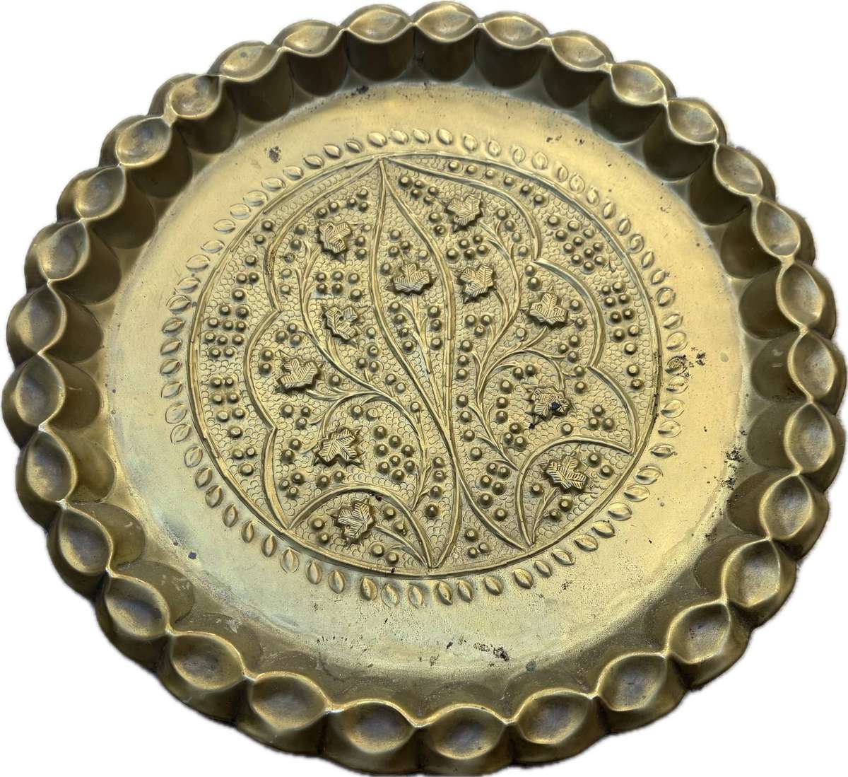 Vintage moorish round brass tray with pie crust edge wall mount