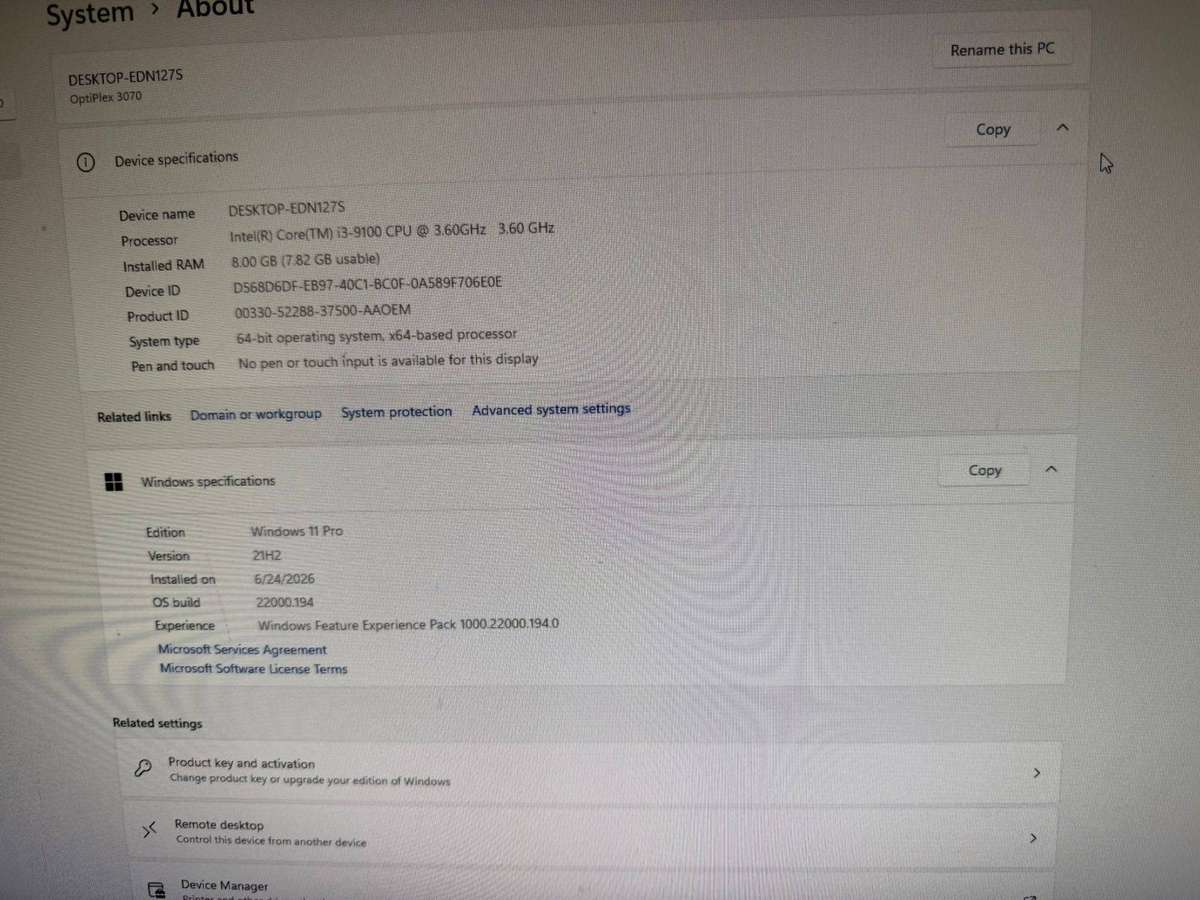 DELL OPTIPLEX 3070 - INTEL CORE I3-9100 - 8GB RAM - 500 GB SSD - WINDOWS 11 PRO