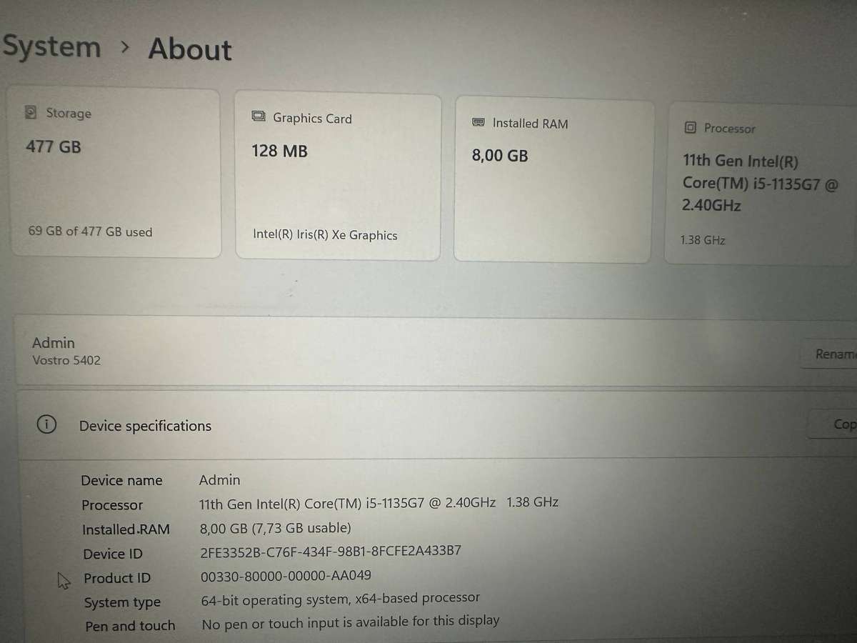 Dell Vostro , Core i5 11th Gen,  8 GB RAM , 512 SSD, Windows 11 Pro