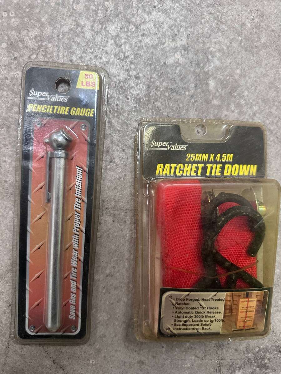 Clearance - Hardware items - Pencil Tyre Gauge & Ratchet tie down set