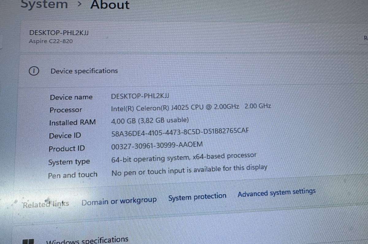 Acer Aspire c22 820 All-In- One PC - Intel Celeron J4025  4 GB RAM  Windows 11 Home