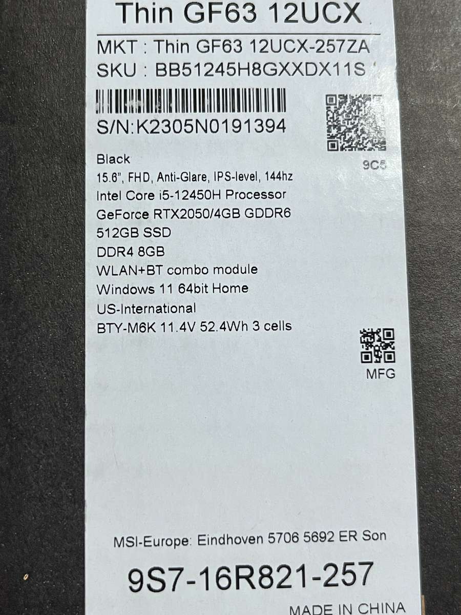 Brand New MSI GF63 12ucx I5 12thgen Nvidia GTX 2050, in box