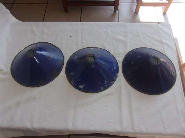 3 Vintage industrial navy blue conical enamel pendant light shades for 1 bid