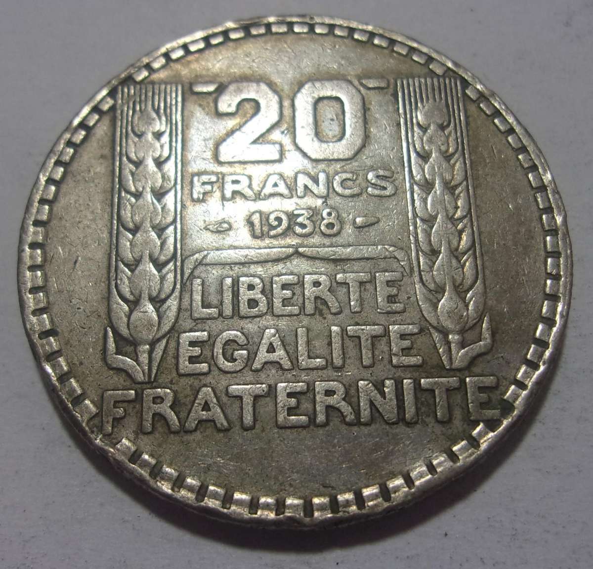 1938 silver France 20 Francs coin