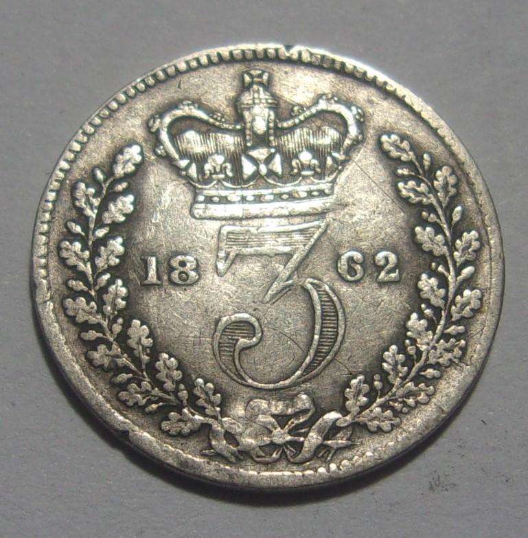 1862 silver British 3 Pence coin