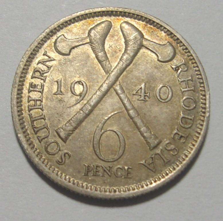 1940 silver Southern Rhodesia 6 Pence coin - nice toning