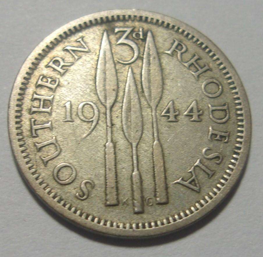 1944 silver Southern Rhodesia 3 Pence coin
