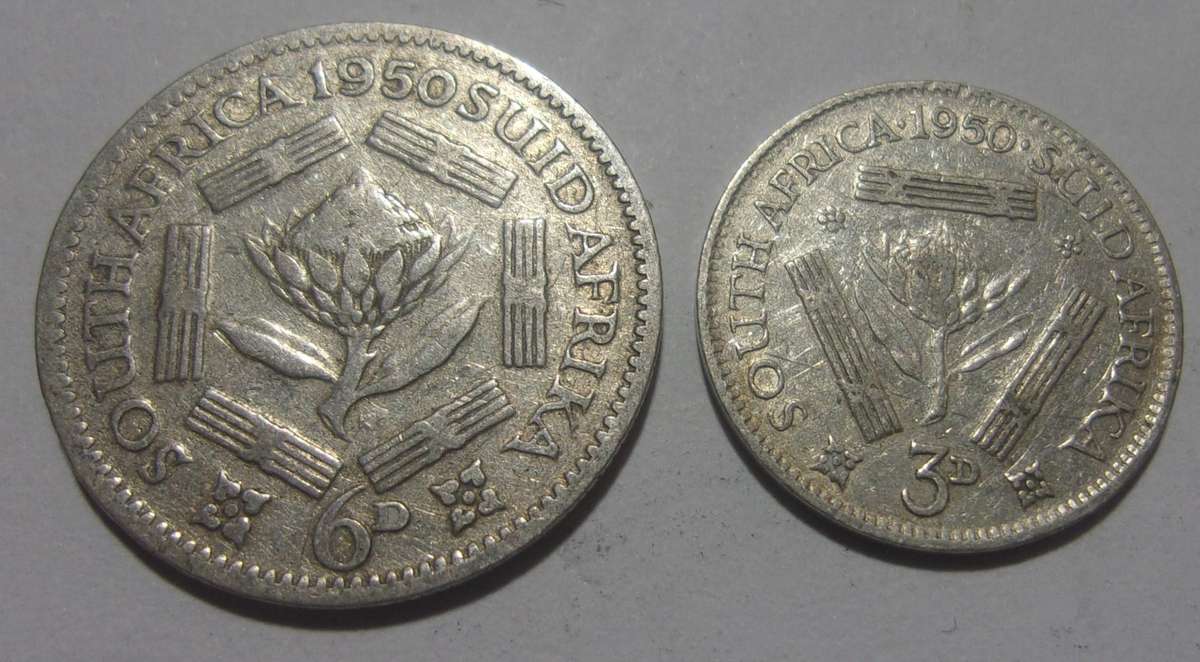 1950 silver South Africa 6 and 3 Pence coins for 1 bid