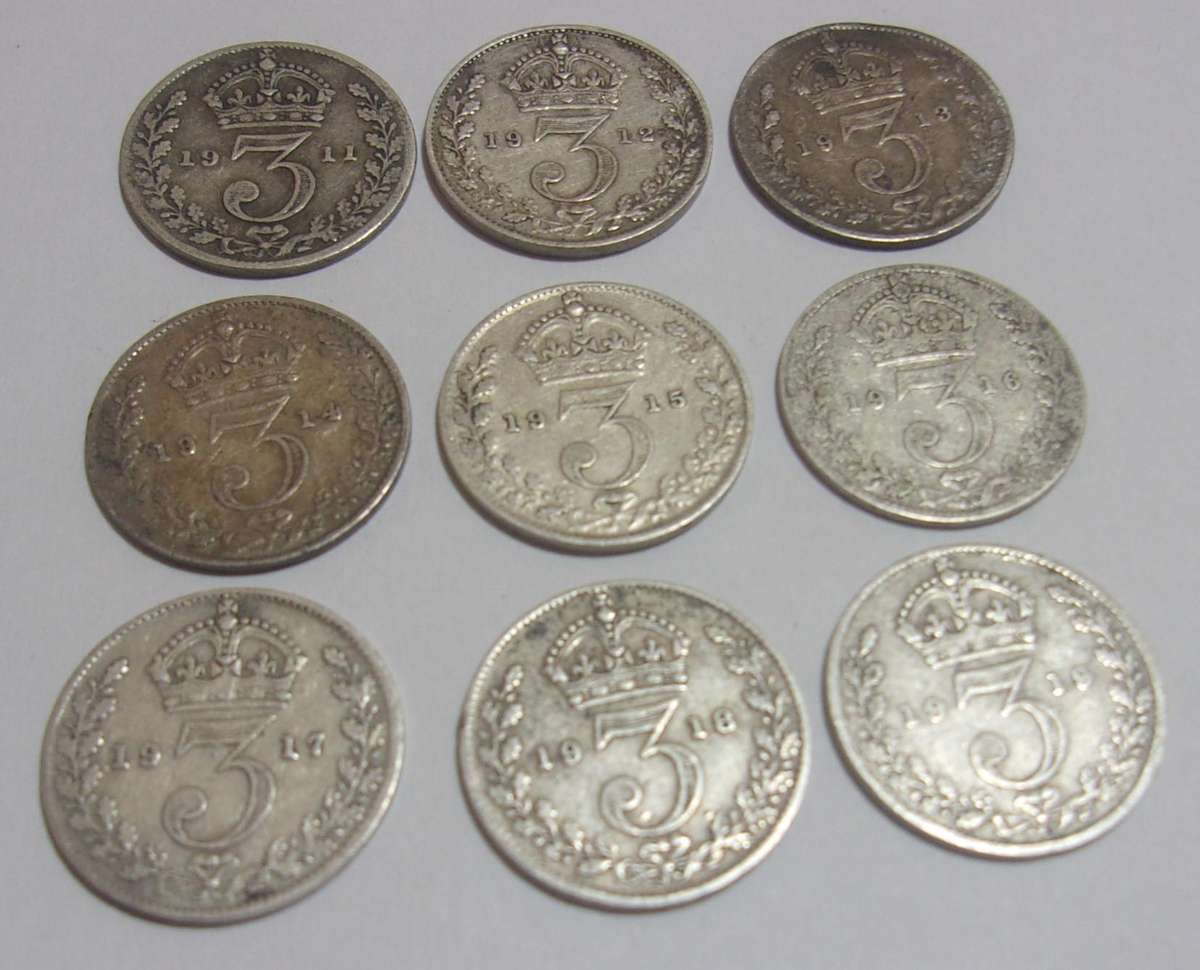 1911-1919 silver British 3 Pence coins for 1 bid
