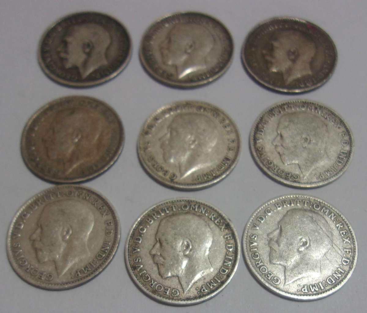 1911-1919 silver British 3 Pence coins for 1 bid