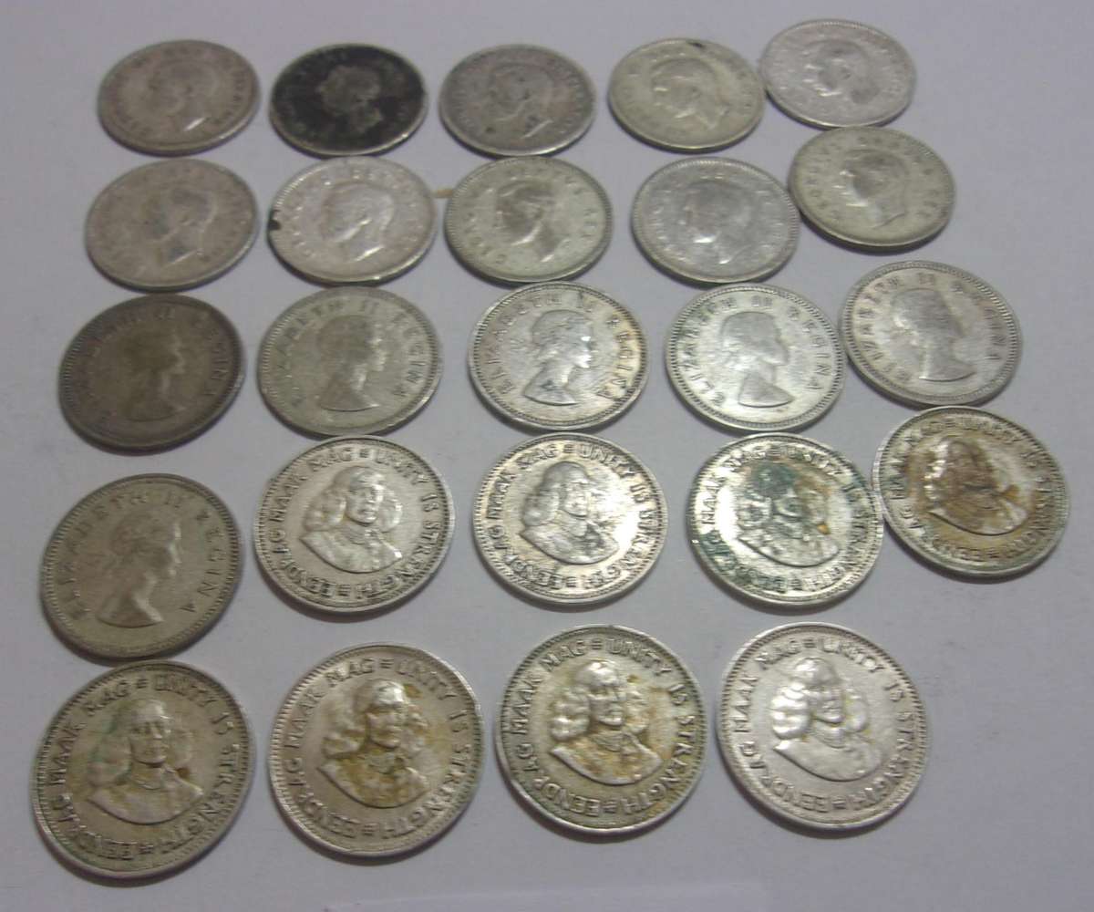 Large lot of 24 silver South African 3 Pence and 2 1/2 Cents coins for 1 bid