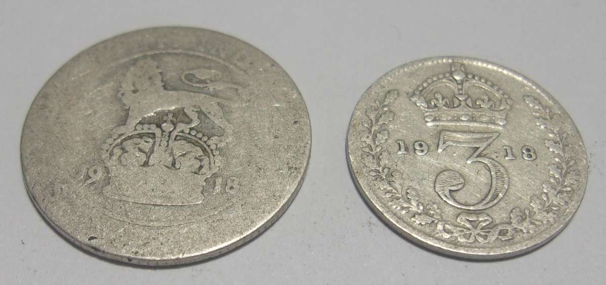 1918 silver British 6 and 3 Pence coins for 1 bid