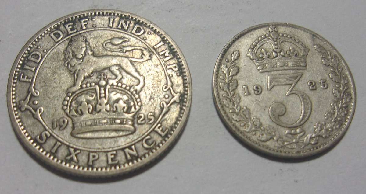 1925 silver British 6 and 3 Pence coins for 1 bid - nice coins
