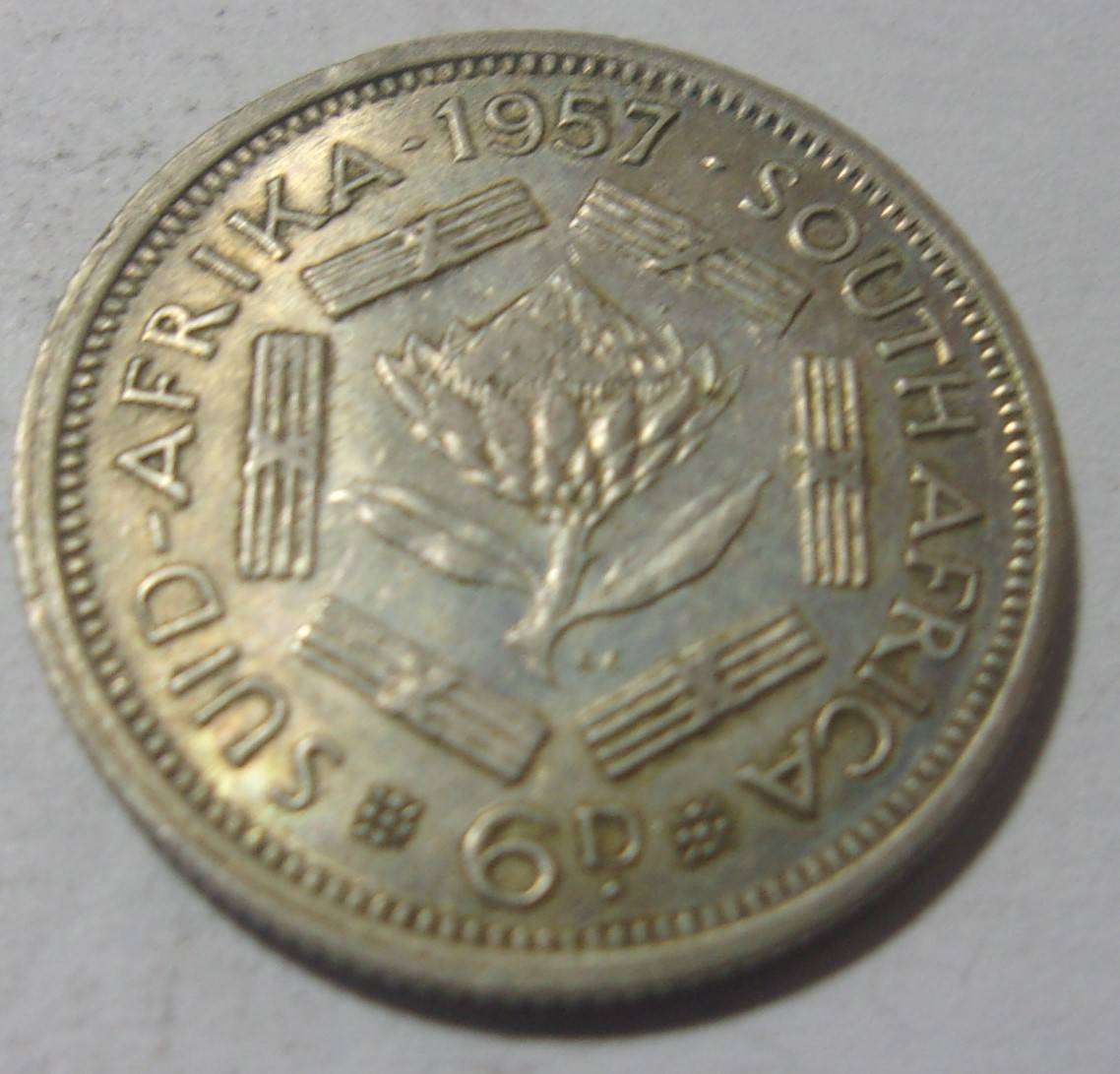 1957 silver South Africa 6 Pence coin - nice coin