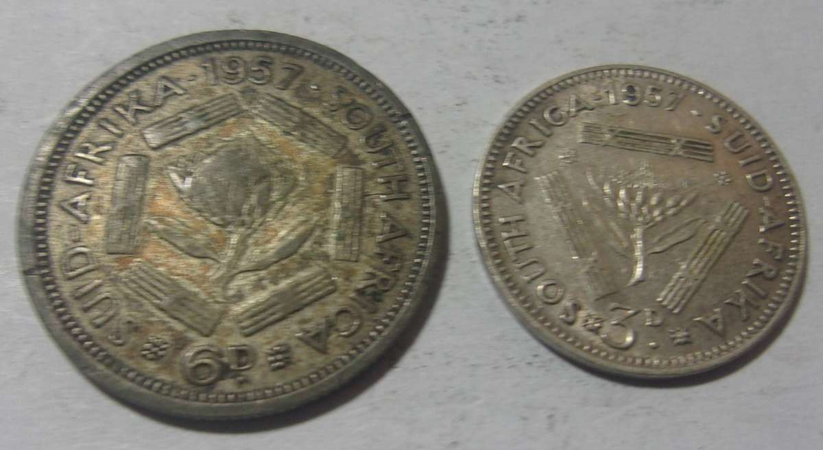 1957 silver South Africa 6 and 3 Pence coins for 1 bid