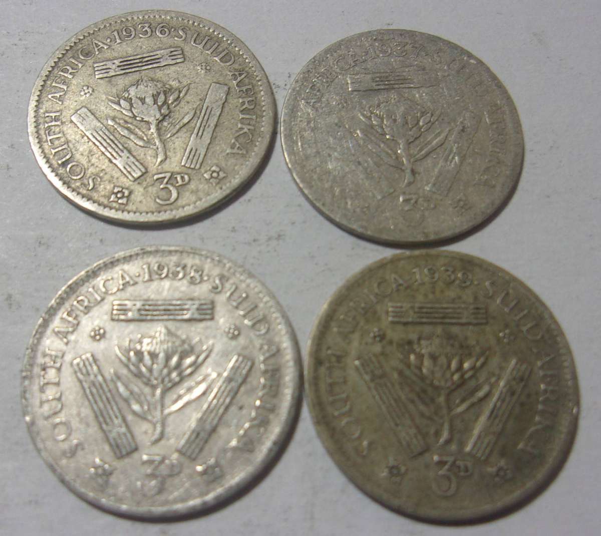 1936-1939 silver South African 3 Pence coins for 1 bid