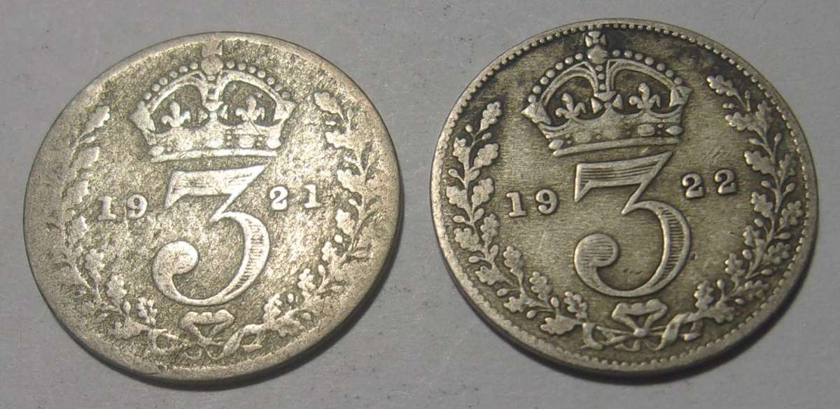 1921, 1922 silver British 3 Pence coins for 1 bid