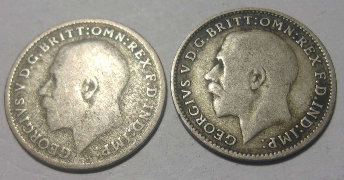1921, 1922 silver British 3 Pence coins for 1 bid