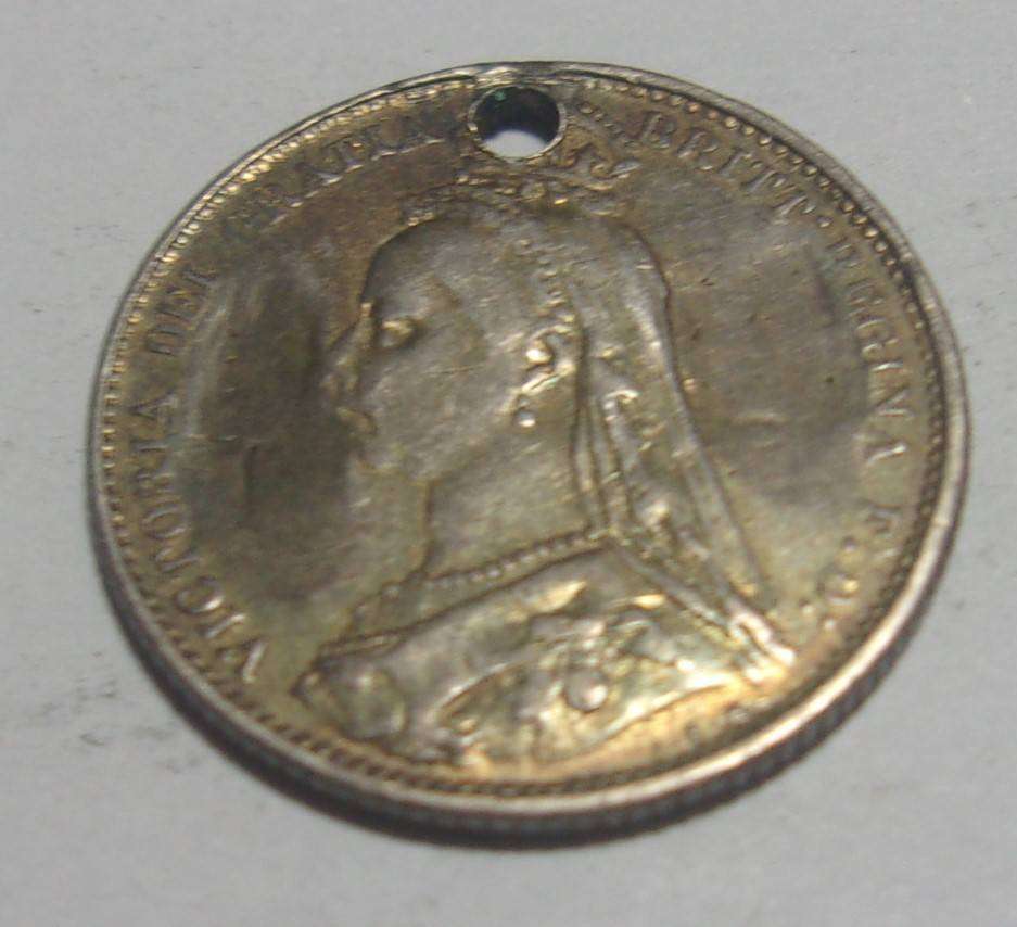 1887 silver British 6 Pence coin, holed - last coin lots