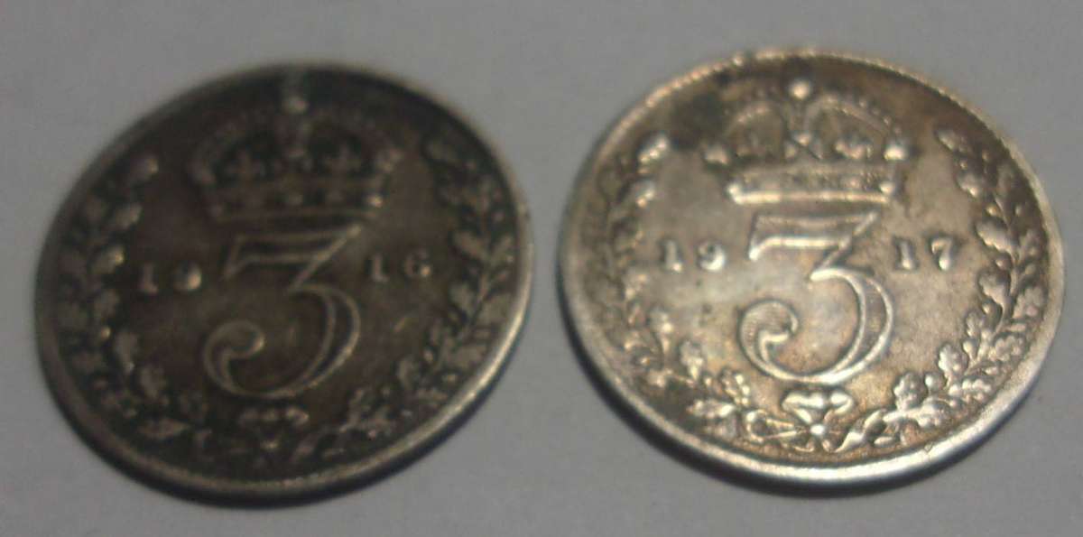 1916, 1917 silver British 3 Pence coins for 1 bid - last coin lots