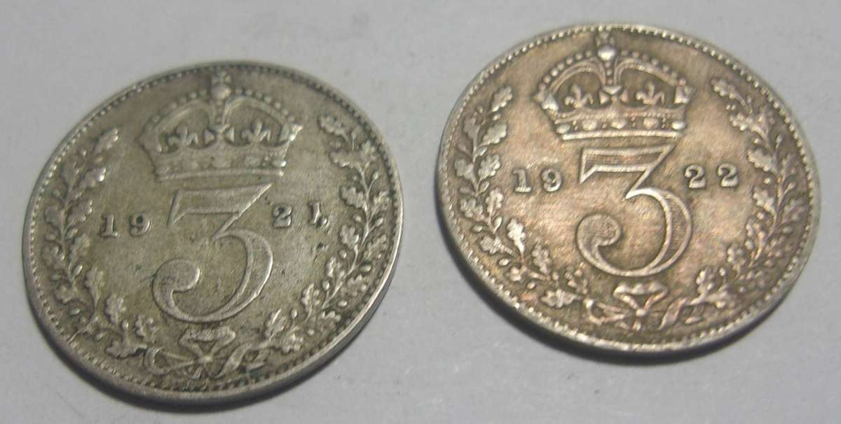1921, 1922 silver British 3 Pence coins for 1 bid, nice coins - last coin lots