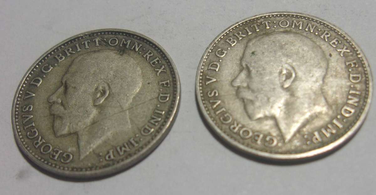 1921, 1922 silver British 3 Pence coins for 1 bid, nice coins - last coin lots