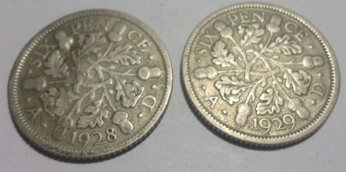 1928 & 1929 silver British 6 Pence coins for 1 bid - last coin lots