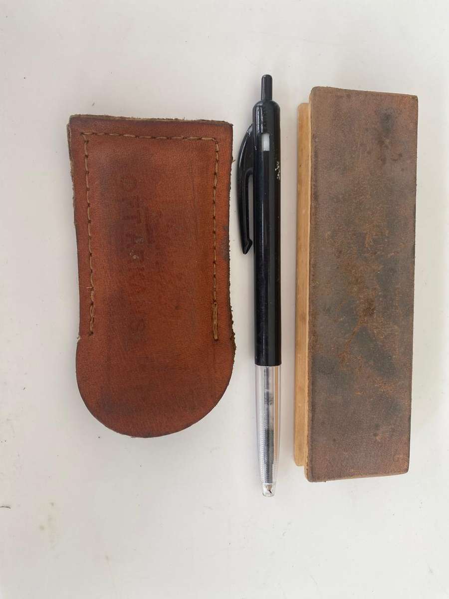 Pocket Knife Sharpening Set. - Small Soft Arkanses Oilstone in Leather Pouch and Small Leather Strop