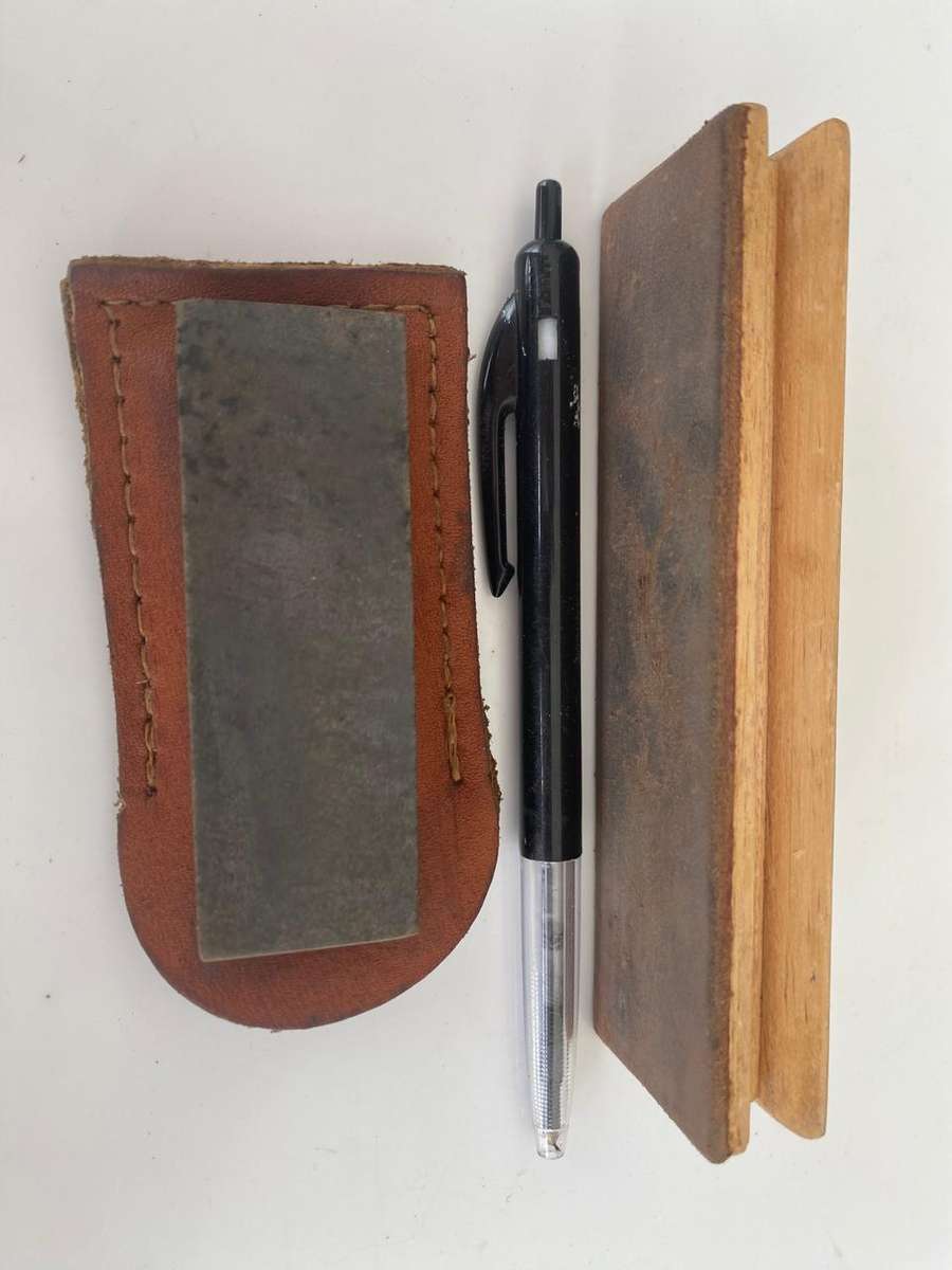 Pocket Knife Sharpening Set. - Small Soft Arkanses Oilstone in Leather Pouch and Small Leather Strop