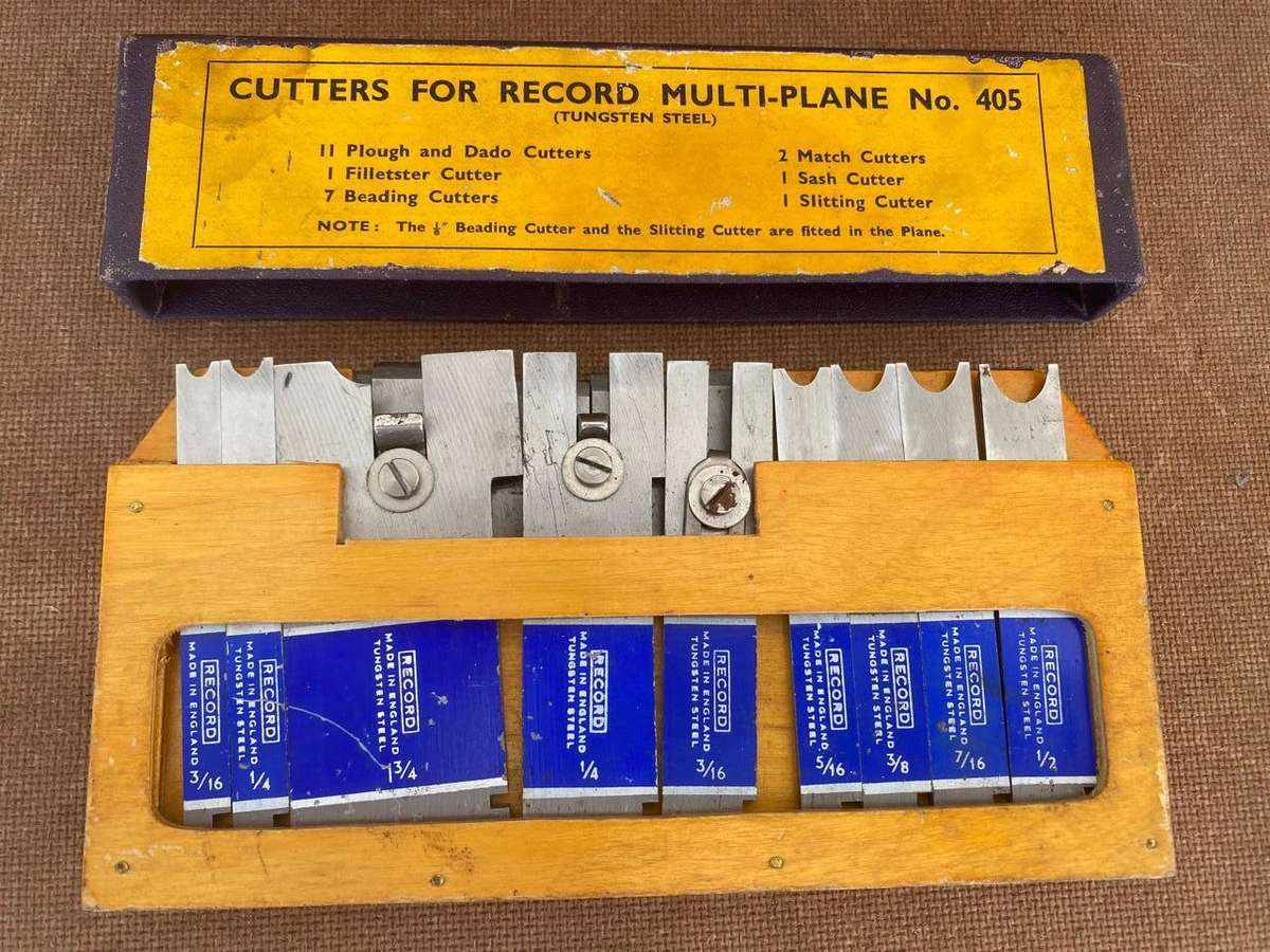 Complete Record No. 405 England Multiplane with 22 Tungsten Steel Cutters in Wooden Box.